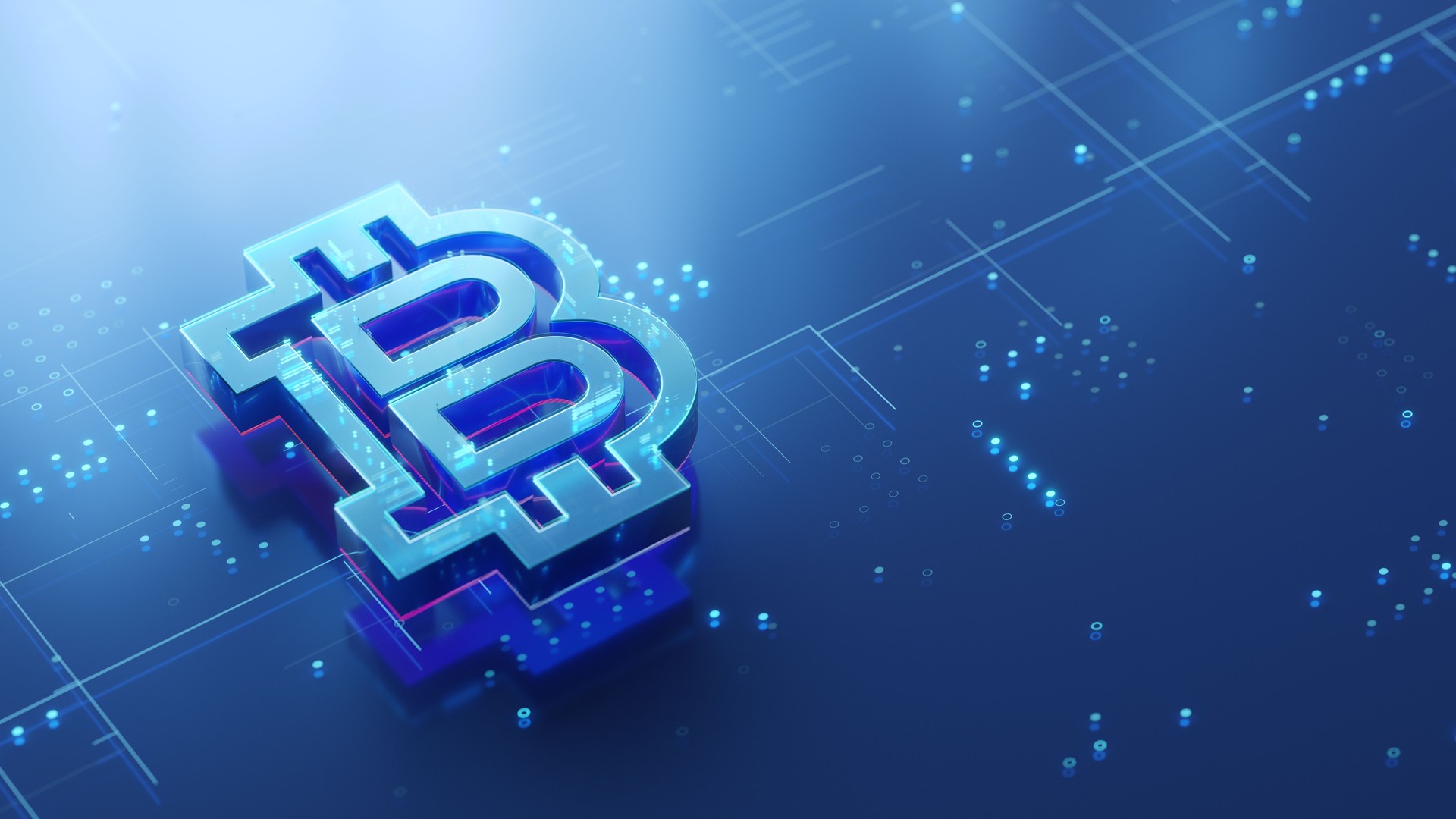 Bitcoin 3d sign on the glossy futuristic surface with abstract glowing dots and lines Bitcoin 3d sign on the glossy futuristic surface with abstract glowing dots and lines